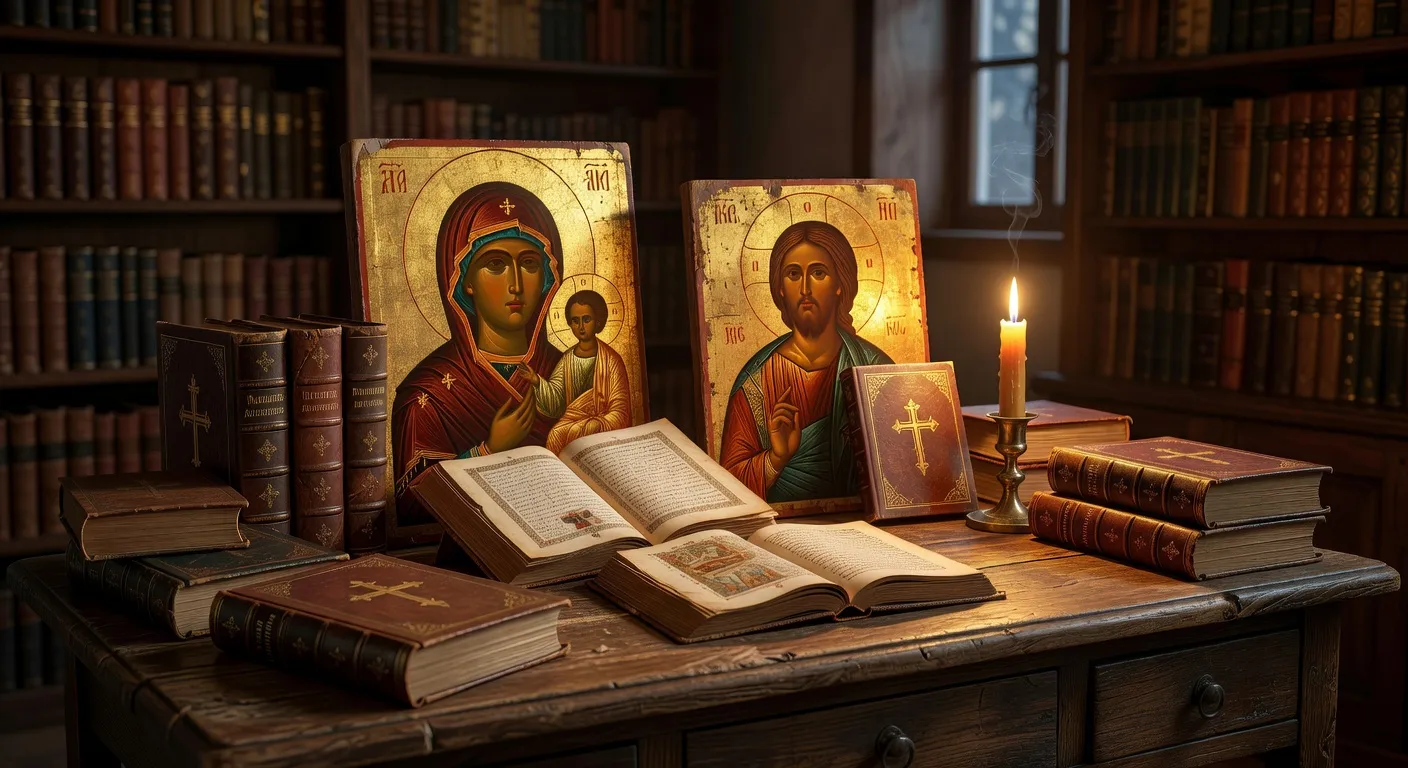 Manuscrit enluminé et icones orthodoxes posees sur un lutrin d'eglise