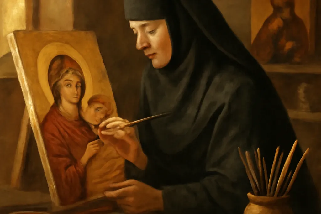 Moniale iconographe orthodoxe peignant une icône de la Vierge dans un atelier monastique, pigments et pinceaux sur la table