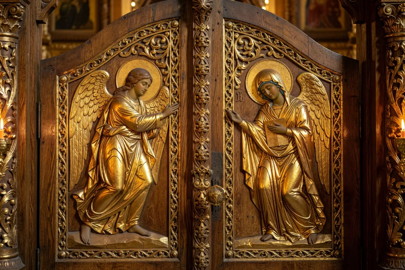 Iconostase ancienne de style byzantin bas avec templon et icones sur poutre dans une eglise grecque