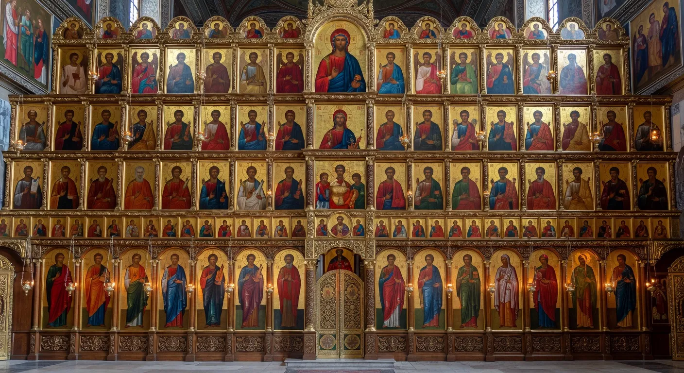 Schema des cinq registres d'une iconostase russe classique avec les rangs local, Deisis, fetes, prophetes et patriarches