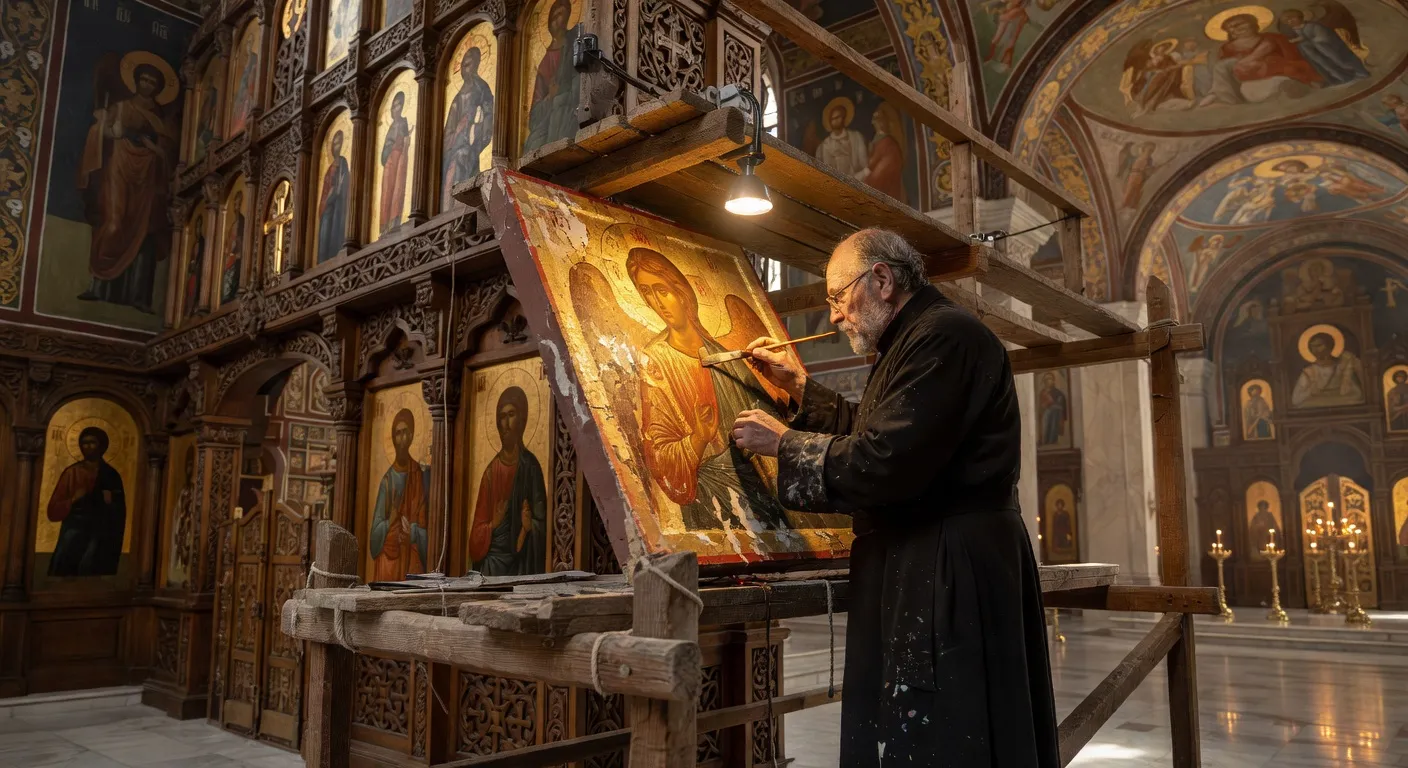 Iconostase doree et sculptee de la cathedrale de la Dormition du Kremlin de Moscou