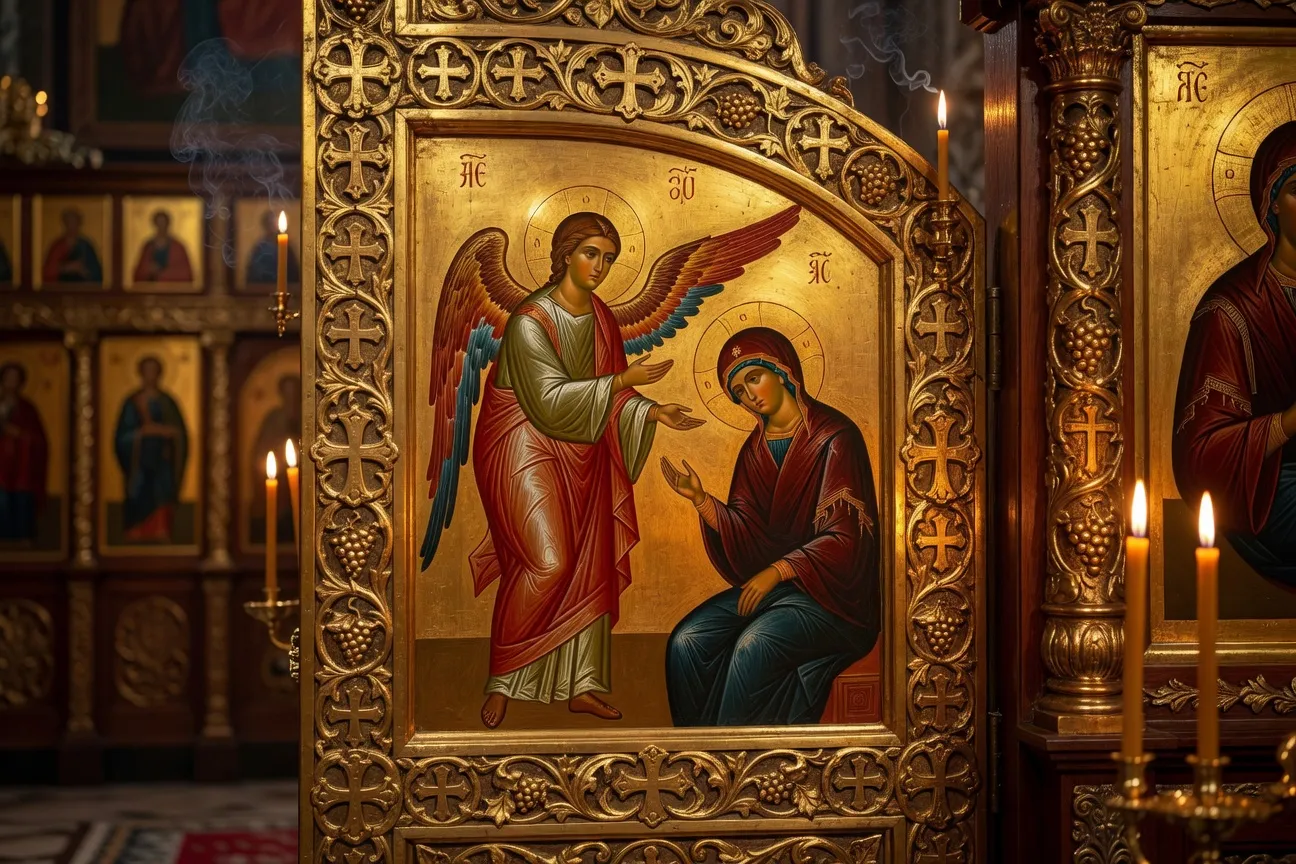 Grande iconostase doree d'une cathedrale orthodoxe avec cinq rangees d'icones et Portes Royales