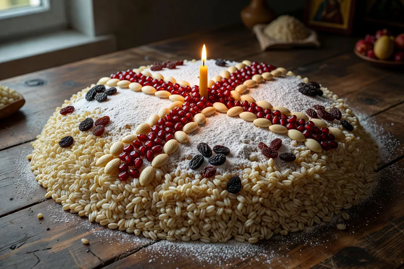 Table de koliva orthodoxe : blé bouilli avec miel et grenades, chandelle allumée