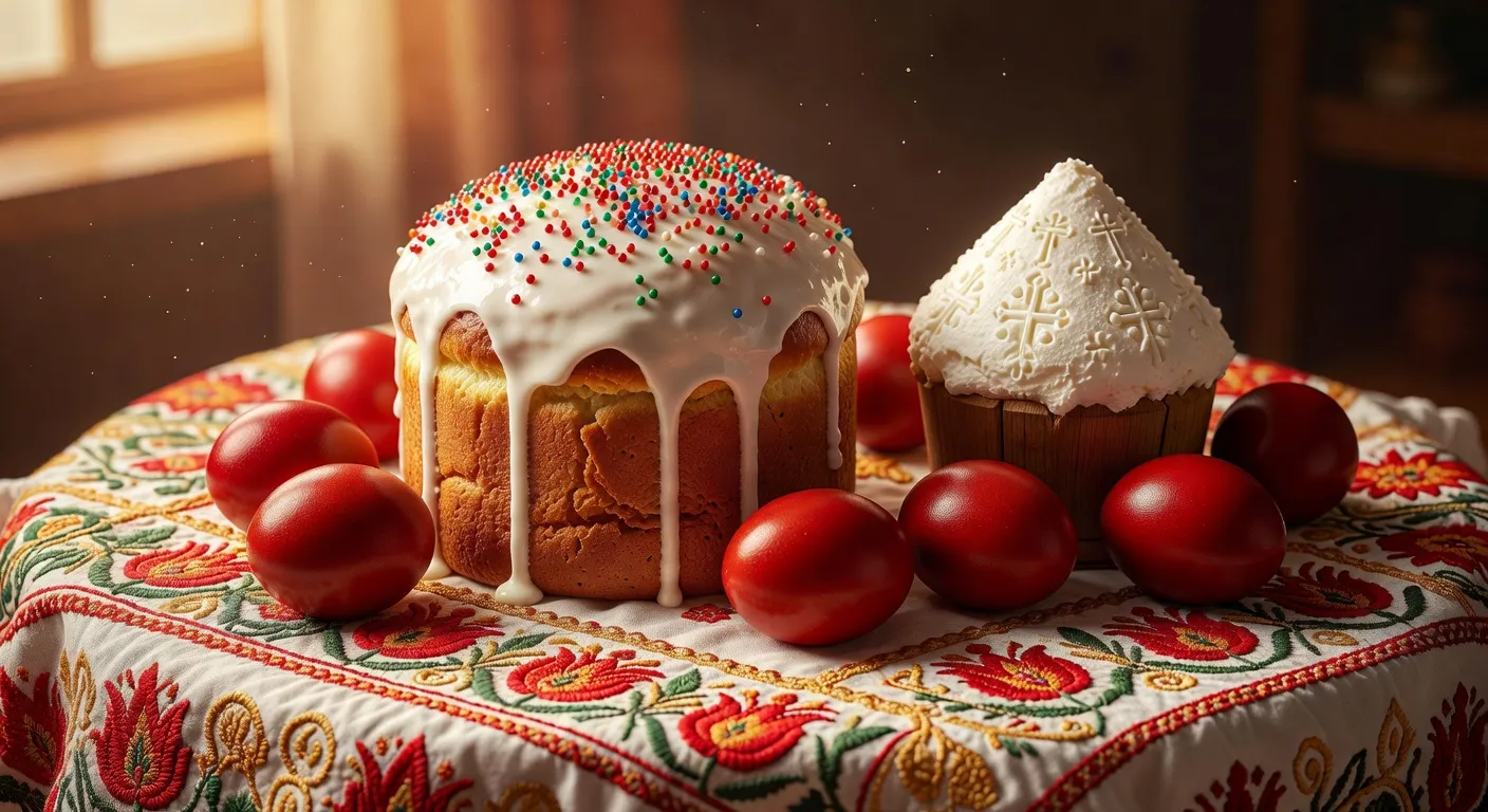 Table pascale orthodoxe avec paskha en pyramide, koulitchs et oeufs rouges
