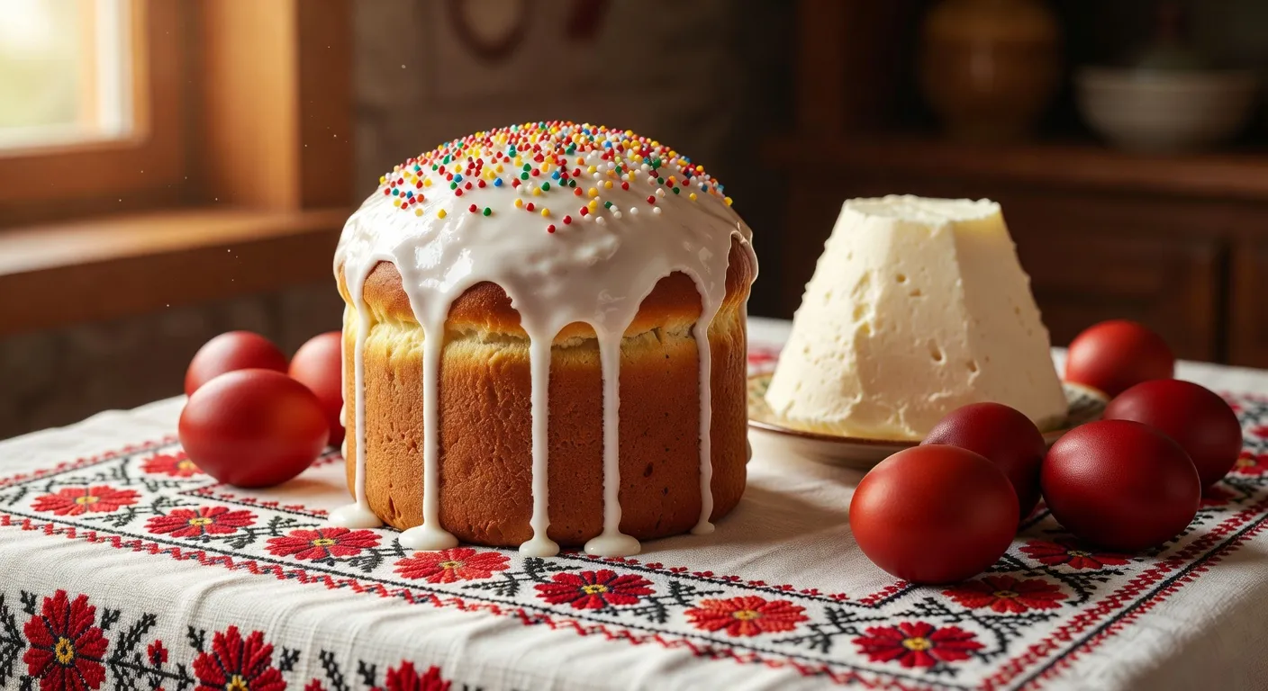 Benediction des paniers pascaux orthodoxes avec koulitchs et oeufs rouges devant une eglise