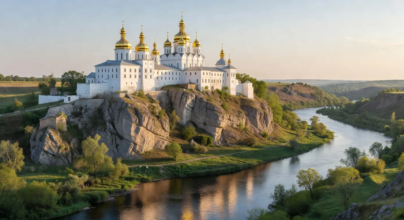 Laure de Sviatohirsk en Ukraine avec dommages visibles sur les batiments monastiques