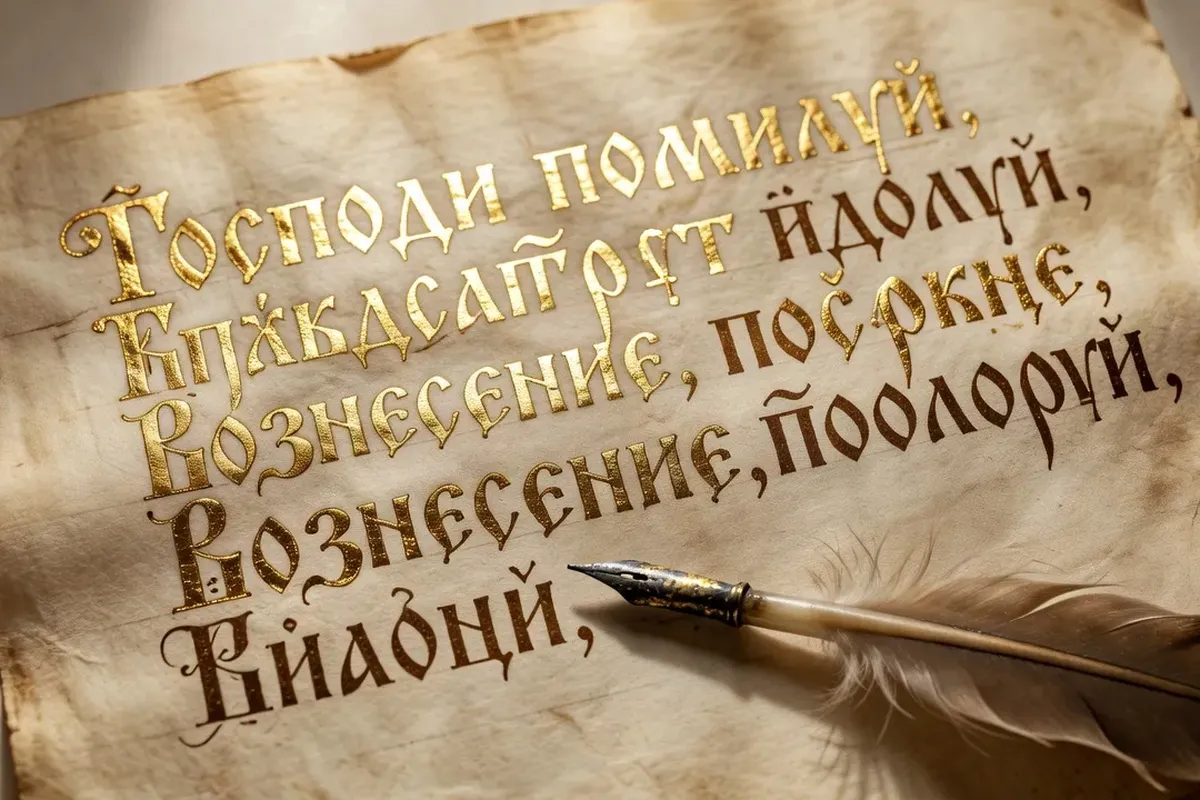 Livre liturgique orthodoxe ouvert sur un analogion, pages enluminées en caractères cyrilliques et grecs