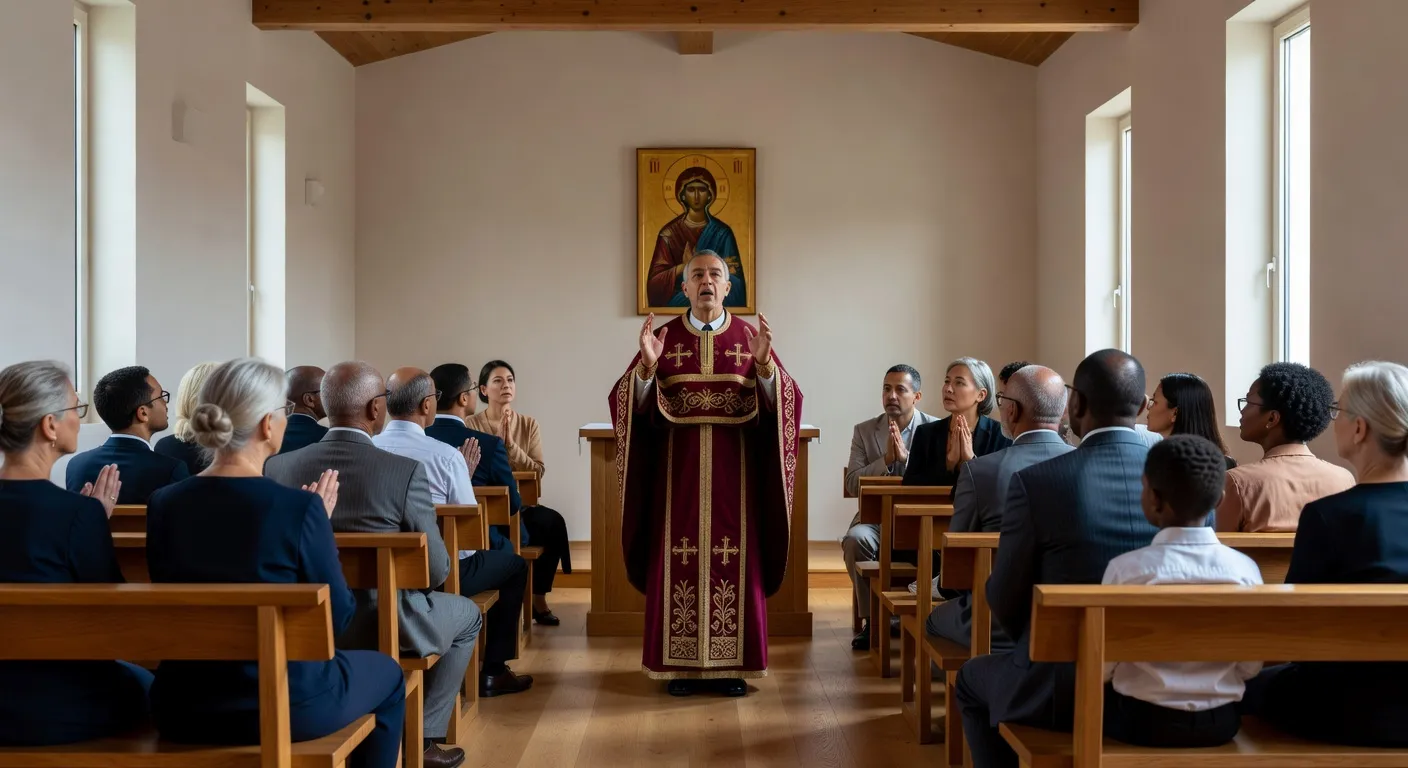 Fideles participant a une Divine Liturgie orthodoxe en francais dans une paroisse de France