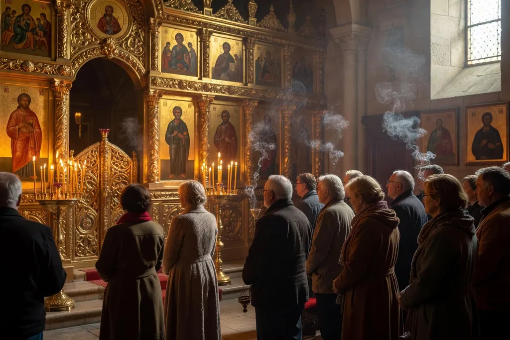 Fidèles debout lors d'une Divine Liturgie dans une petite église orthodoxe française, iconostase dorée en fond