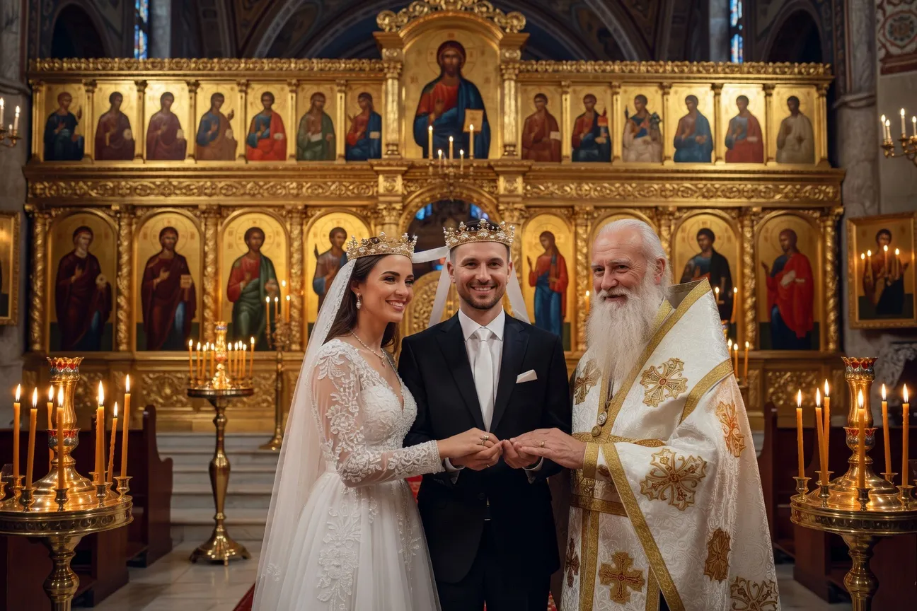 Couple mixte orthodoxe-catholique lors de leur cérémonie, couronnes et anneaux
