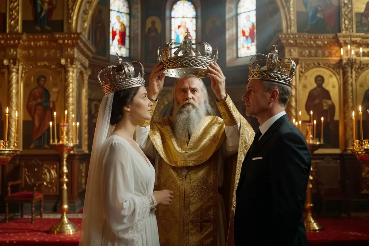Couronnes de mariage orthodoxe roumaines en métal doré reliées par un ruban blanc