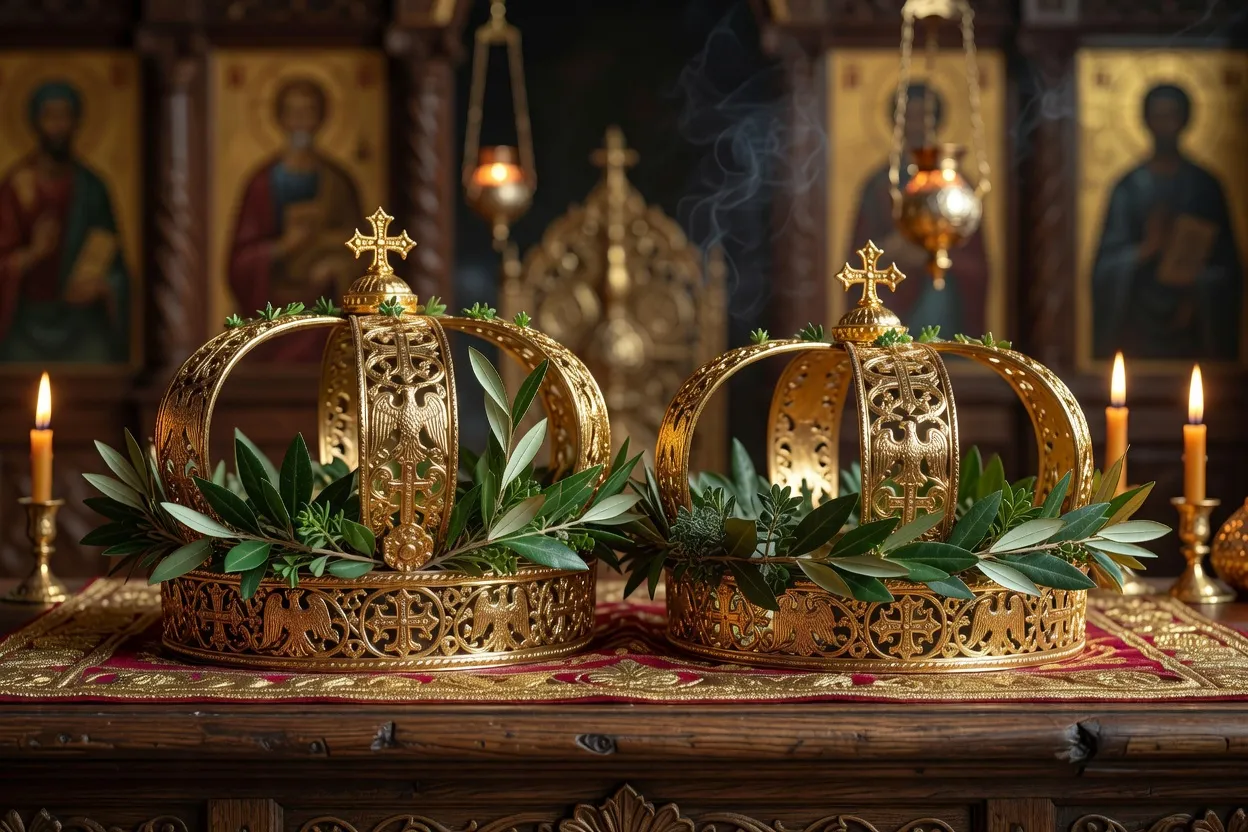Le tour de l'analogion au mariage orthodoxe : les époux couronnés marchent ensemble conduits par le prêtre