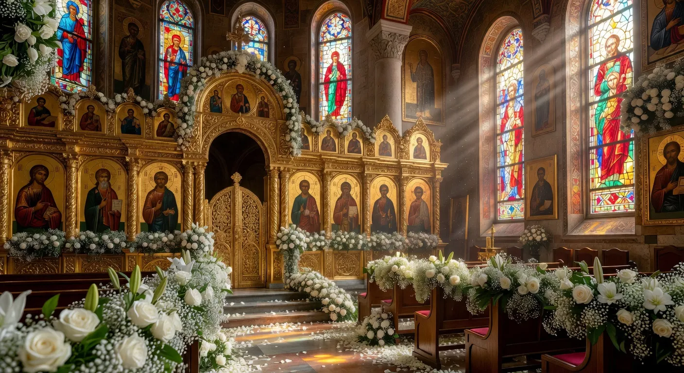 Couple portant les couronnes du mariage orthodoxe devant l'iconostase