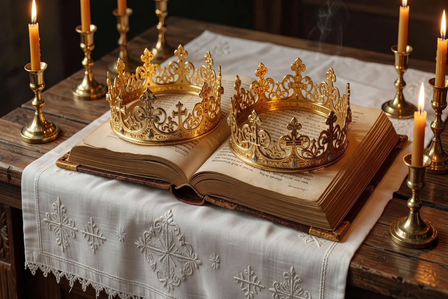 Couronnes nuptiales orthodoxes en métal doré posées sur un Évangile