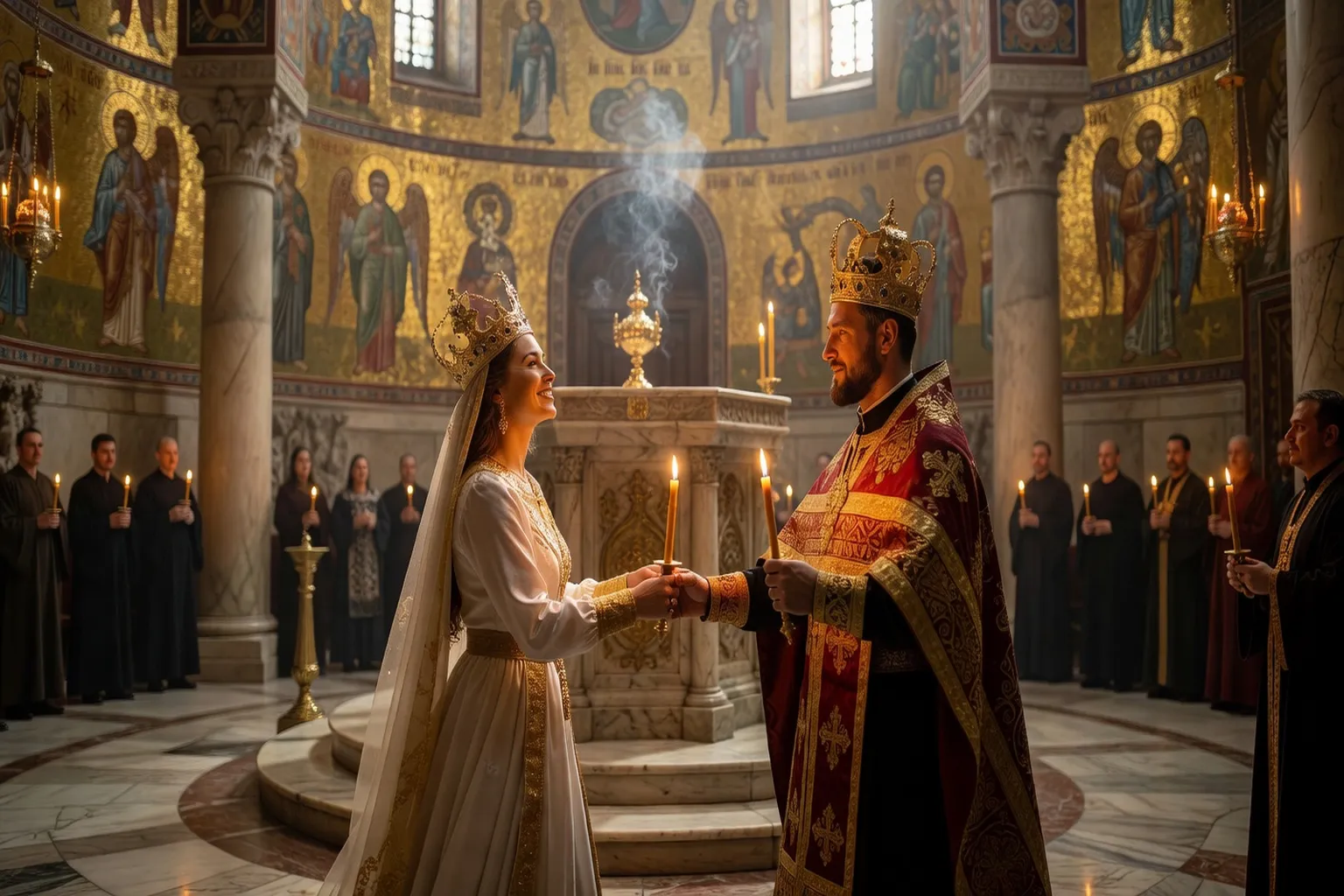 Couple orthodoxe pendant la cérémonie de couronnement avec danse d'Isaïe