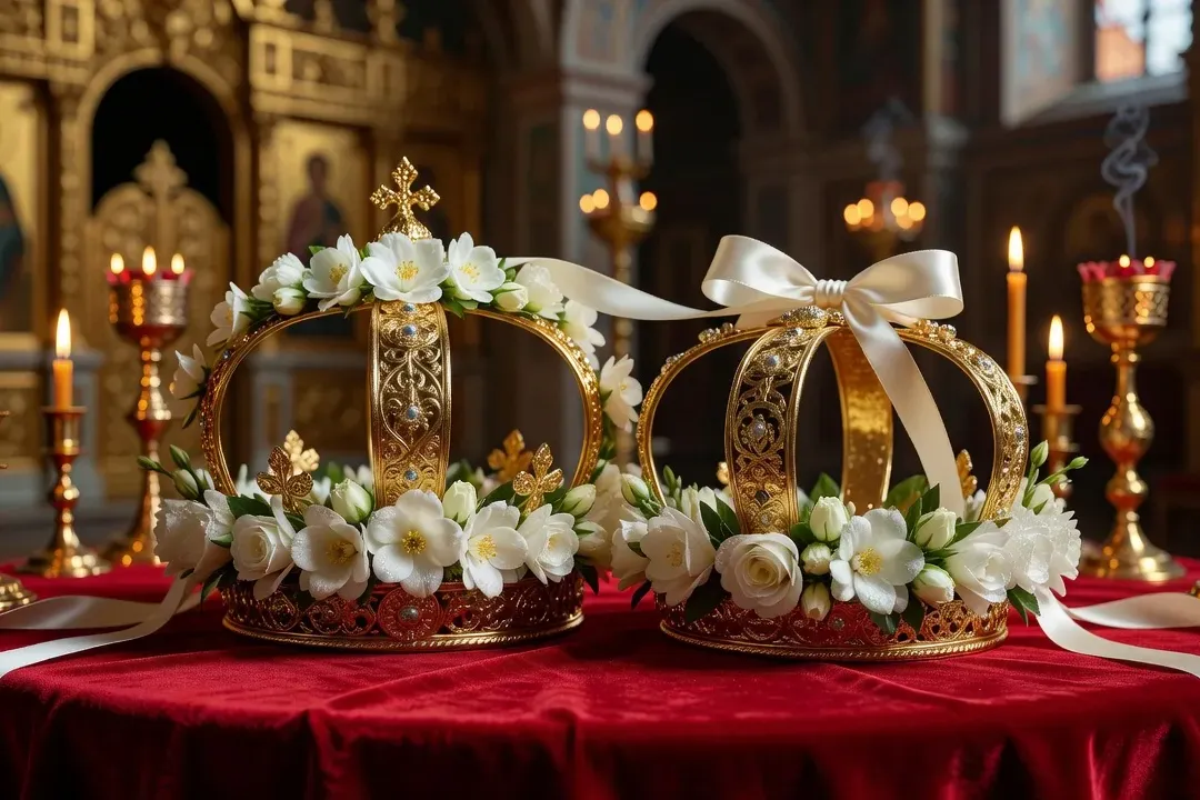 Paire de stéphanoma, couronnes de mariage orthodoxe en or et fleurs blanches reliées par un ruban