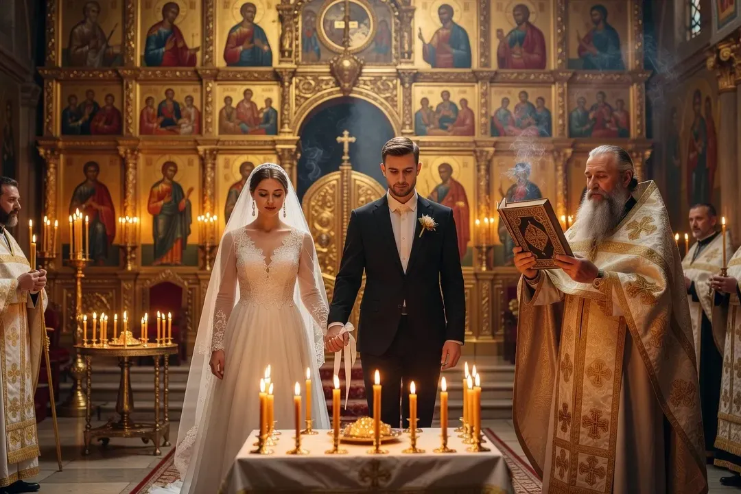 Les époux orthodoxes devant l'analogion, le prêtre tenant l'Évangile pendant la procession des noces
