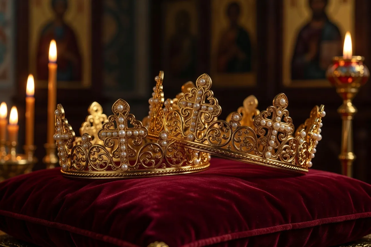 Anneaux de mariage orthodoxes poses sur un Evangile ouvert devant des cierges