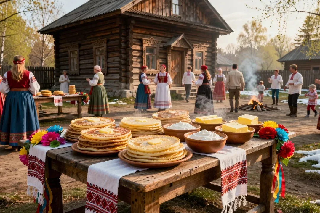 Feu de joie de Maslenitsa dans un village russe enneigé au crépuscule hivernal