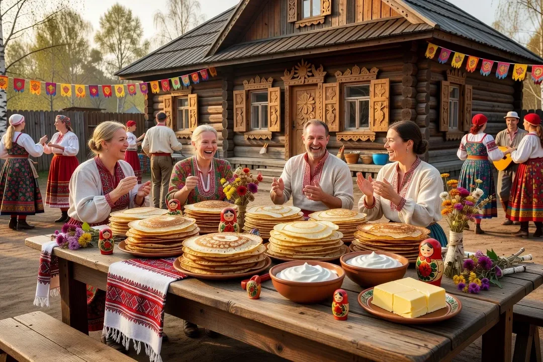 Blinis dorés disposés en pyramide sur une assiette, beurre et confiture de baies à côté