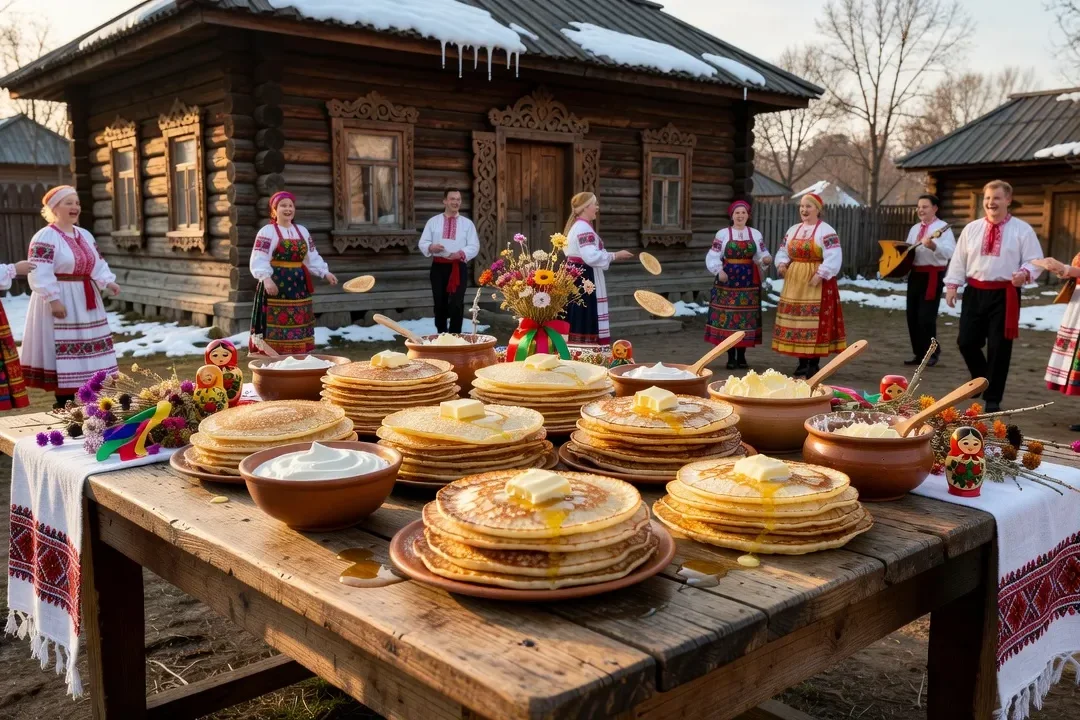 Pâte à blinis levée dans un saladier et petites crêpes dorées cuisant dans une poêle