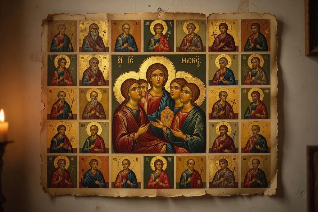 Pages manuscrites d'un Ménologe orthodoxe avec calligraphie et enluminures de saints