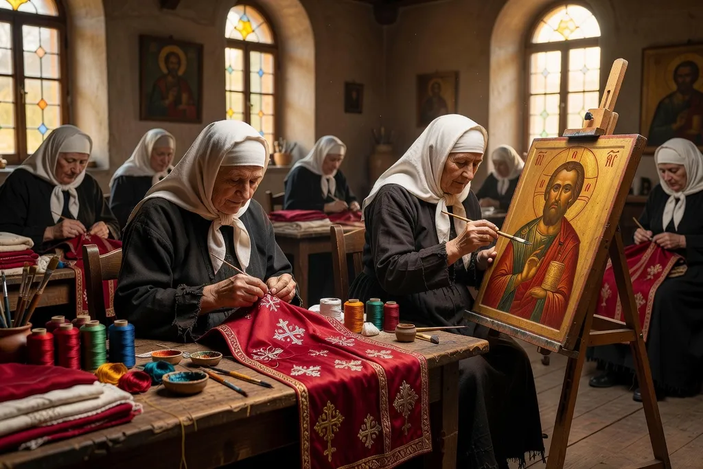Atelier d'iconographie dans un monastère de moniales orthodoxes, icône en cours de peinture
