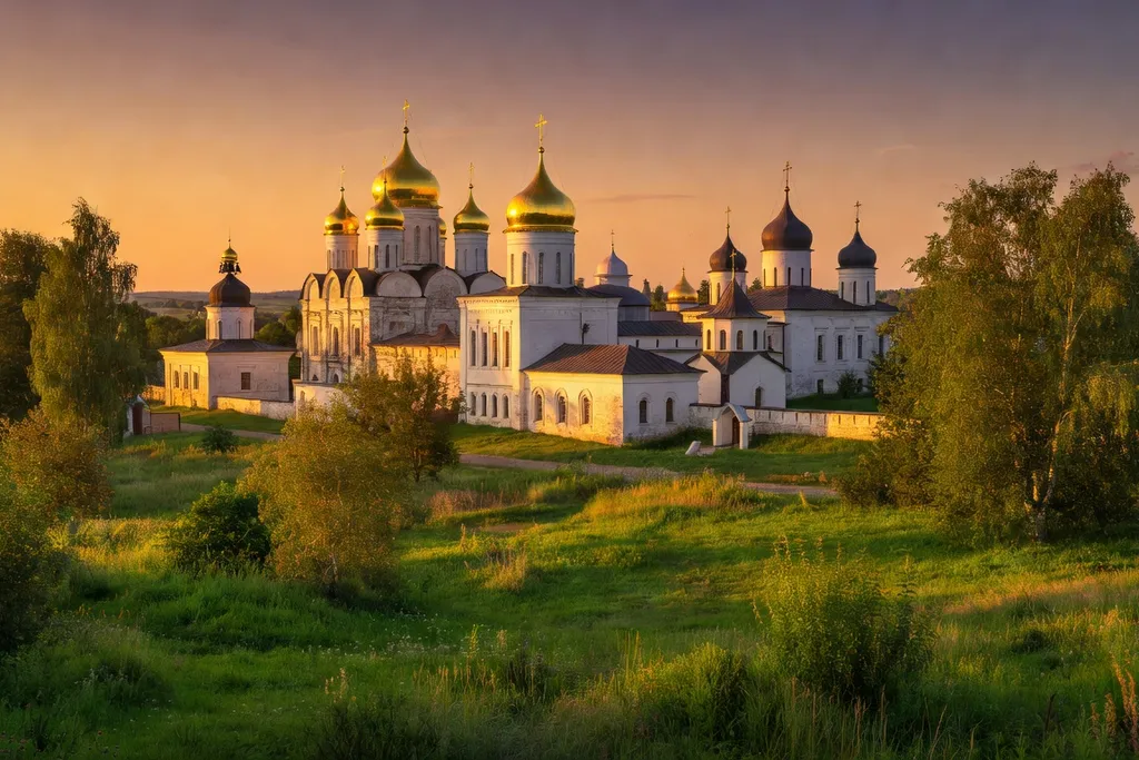 Monastère russe dédié à la Dormition au coucher du soleil, coupoles dorées reflétant la lumière d'août