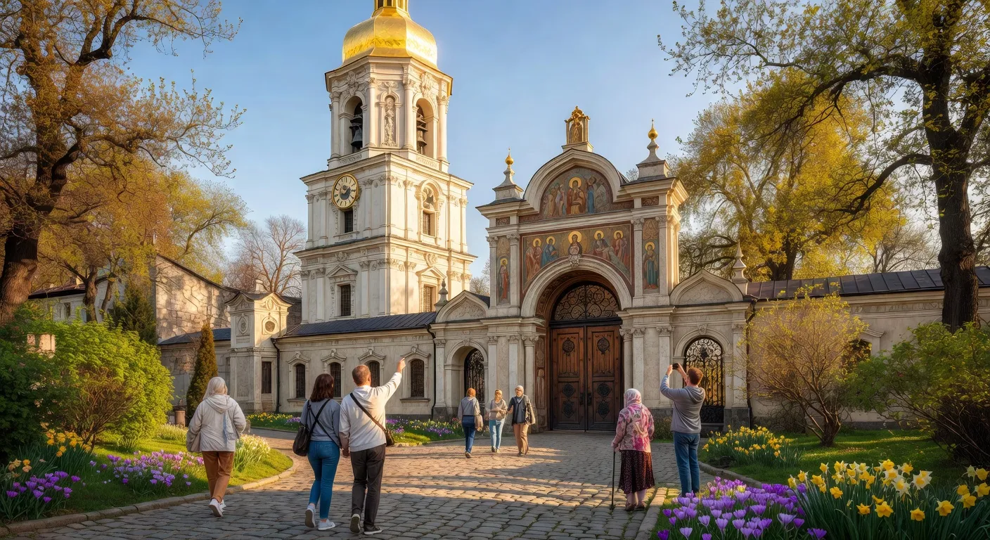 Facade bleue et domes dores du monastere Saint-Michel aux Domes Dores a Kiev