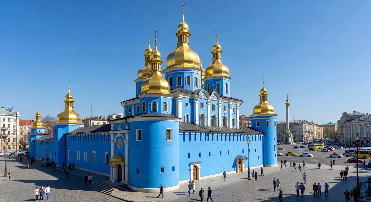 Clocher dore de la Laure des Grottes de Kiev avec le Dniepr en arriere-plan