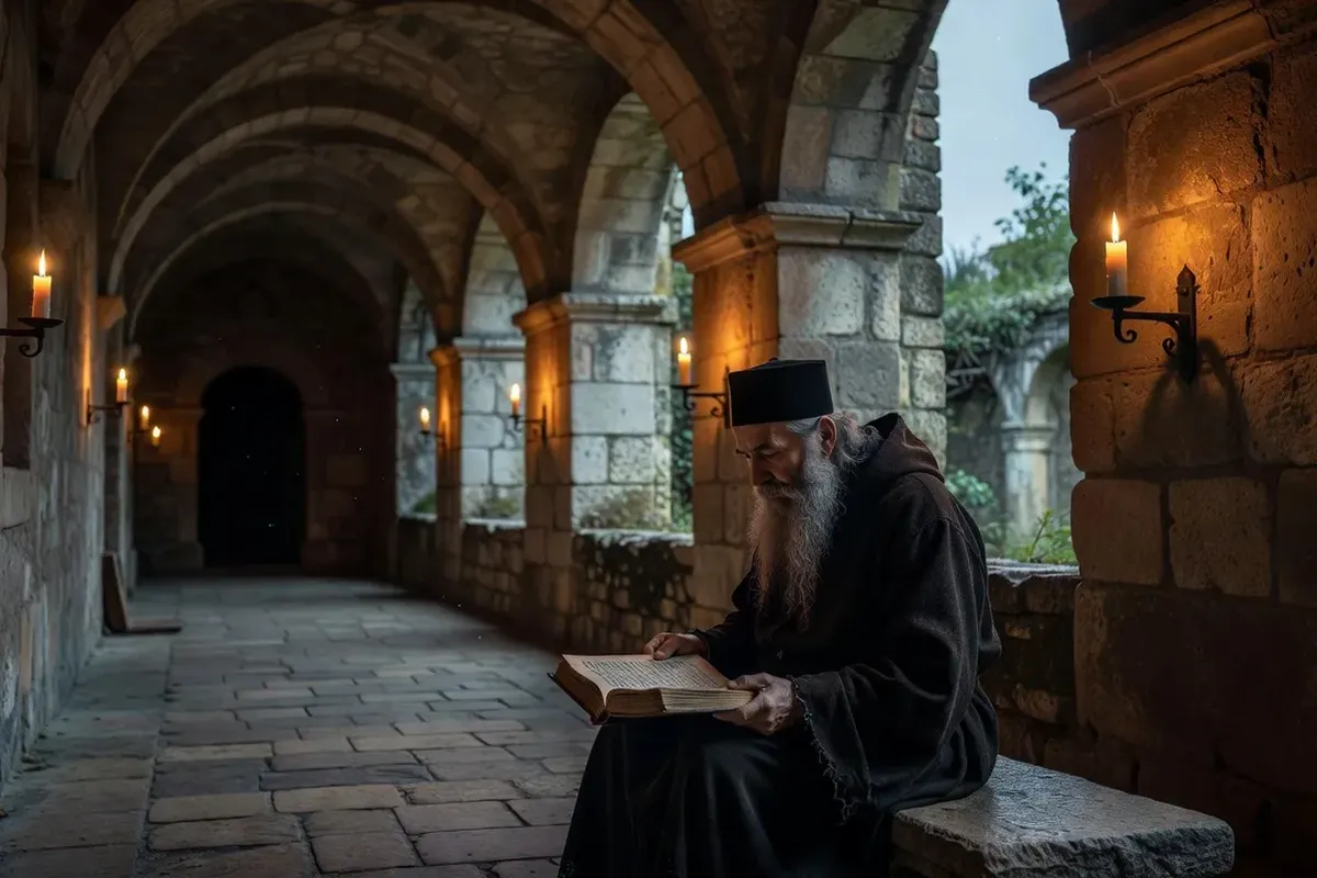 Moine orthodoxe lisant un psautier dans le cloître d'un monastère français entouré de vignes