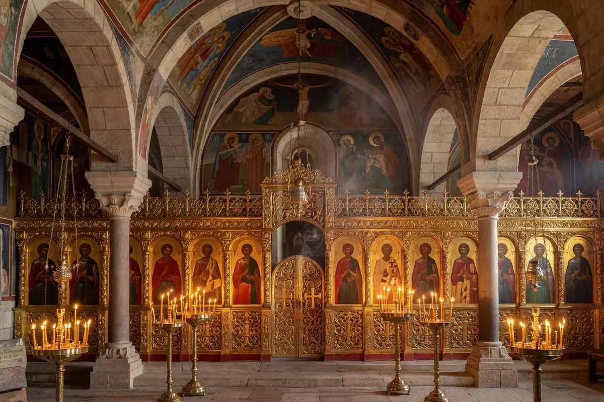 Vue intérieure d'une chapelle orthodoxe monastique en France avec iconostase dorée et cierges allumés