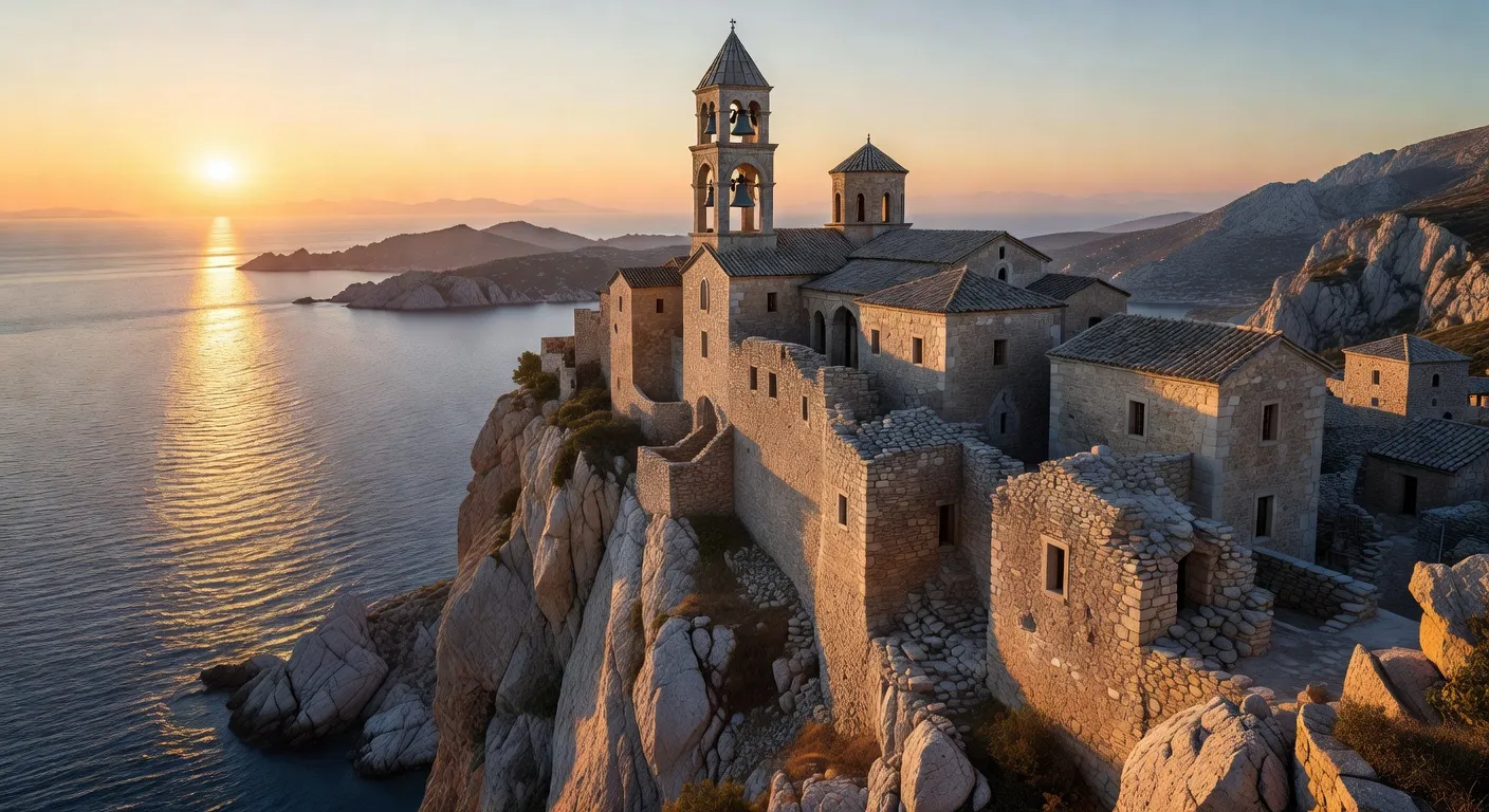 Monastere athonite fortifie au bord de la mer Egee avec tour medievale et coupoles