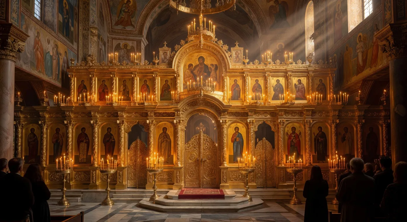 Mosaique byzantine doree du Christ Pantocrator dans la coupole d'une eglise orthodoxe