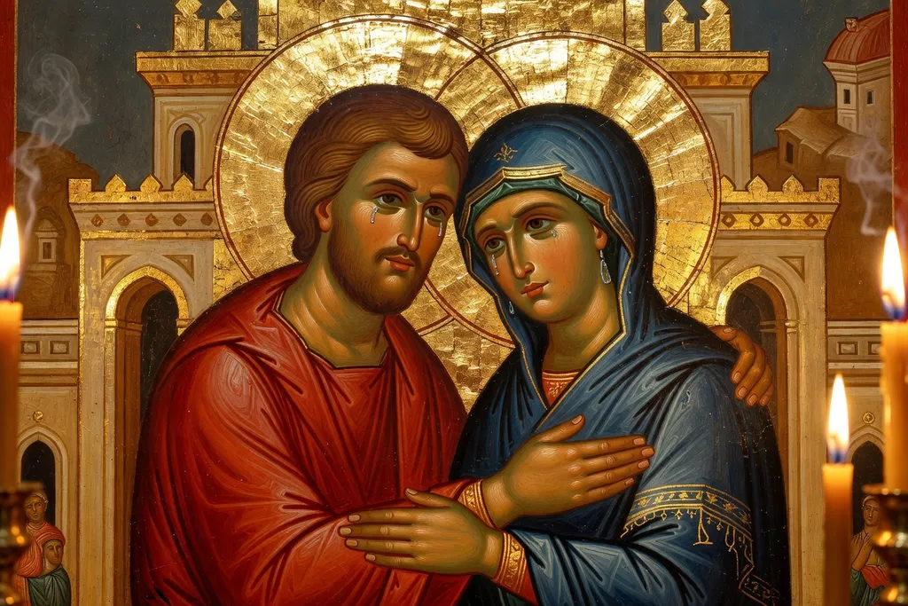 Icône orthodoxe traditionnelle de la Nativité de la Mère de Dieu, style byzantin doré