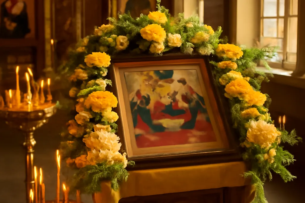 Église orthodoxe décorée pour la fête de septembre, cierges et fleurs, début d'année liturgique