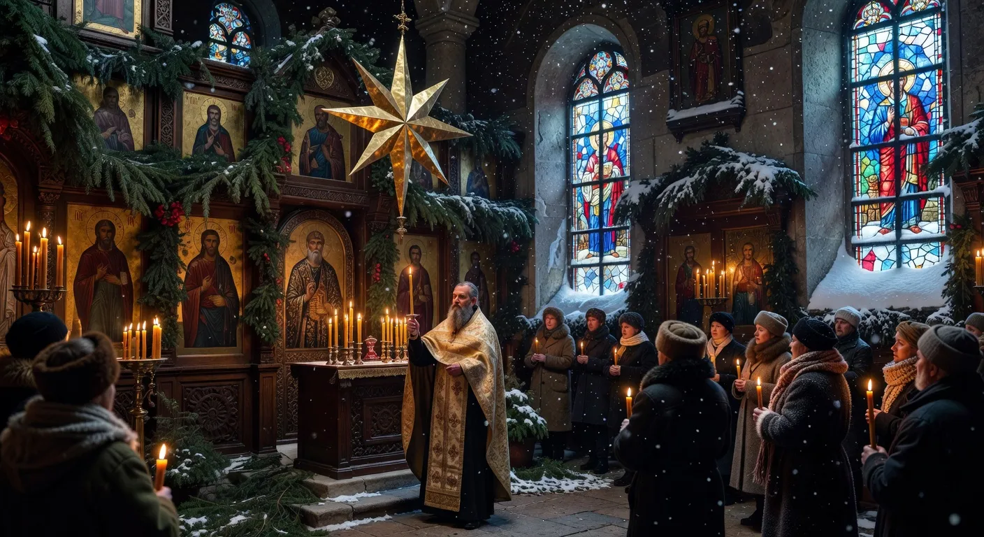 Chorale chantant des koliadky (chants de Noel ukrainiens) devant une eglise enneigee