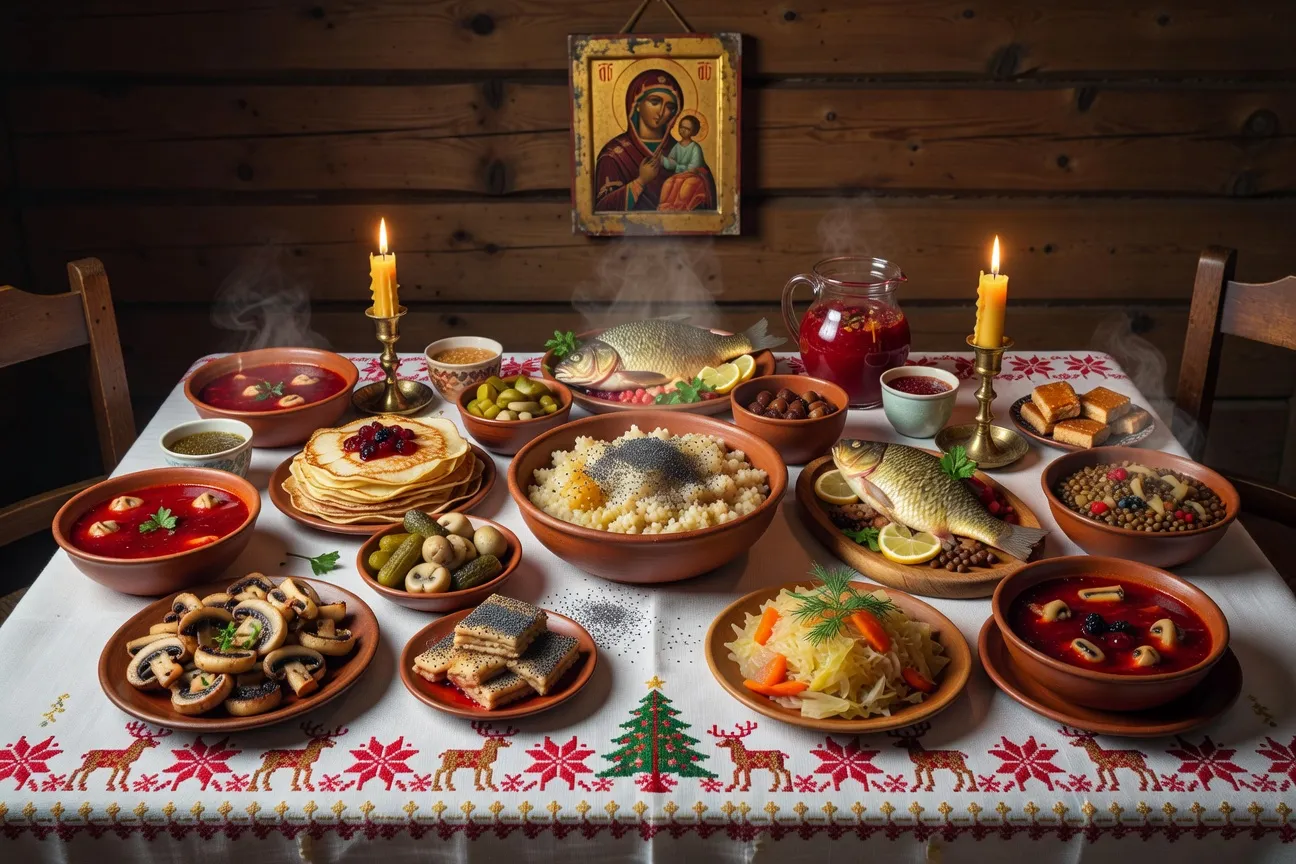 Table russe du réveillon de Noël orthodoxe avec les 12 plats traditionnels, nappe brodée