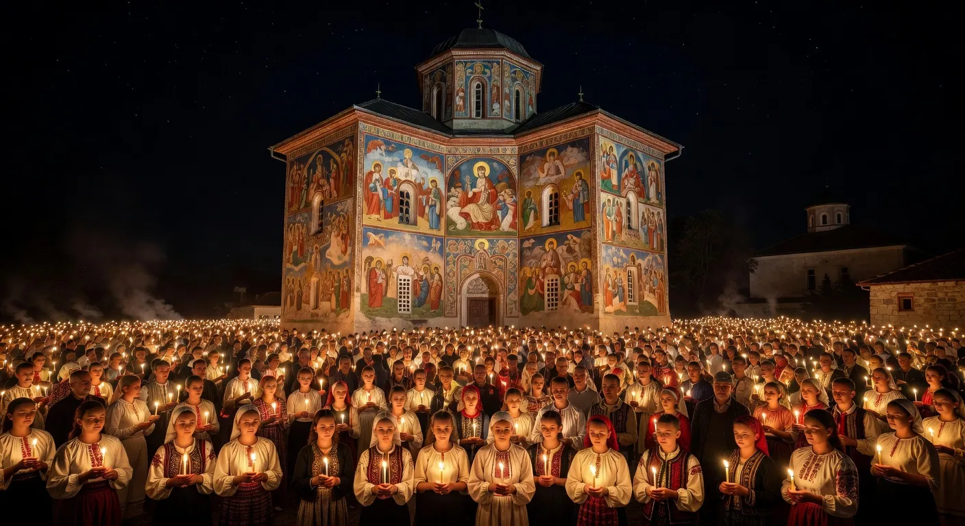 Foule de fideles roumains portant des cierges allumes devant une eglise lors de la nuit de Paques