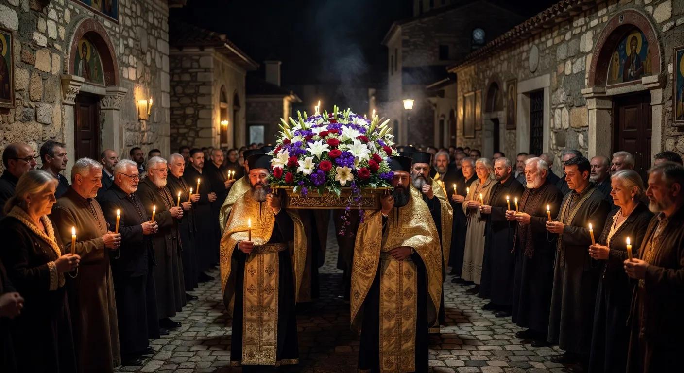 Icone de l'Epoux (Nymphios) representant le Christ couronne d'epines dans une eglise sombre eclairee de cierges