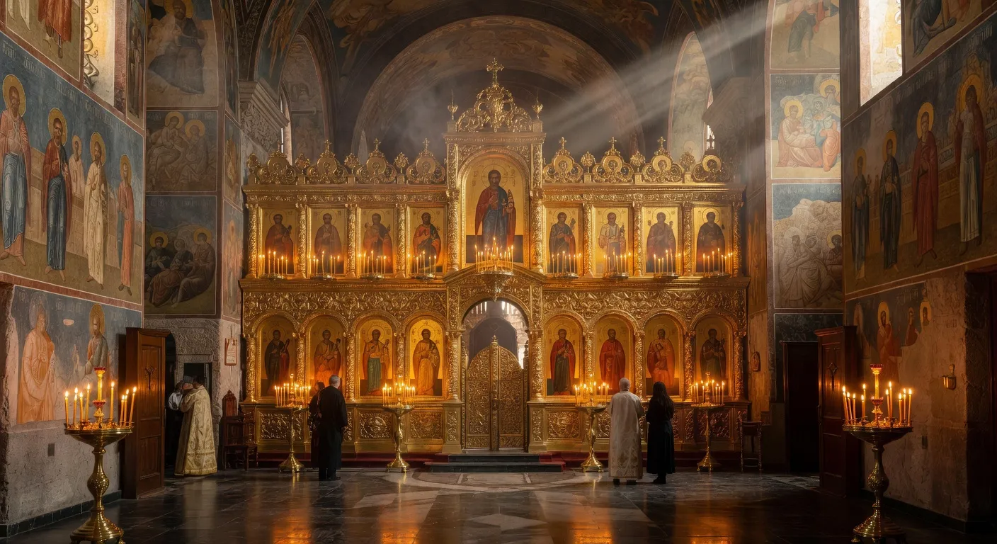 Eveque orthodoxe imposant les mains sur un candidat a l'ordination devant l'autel