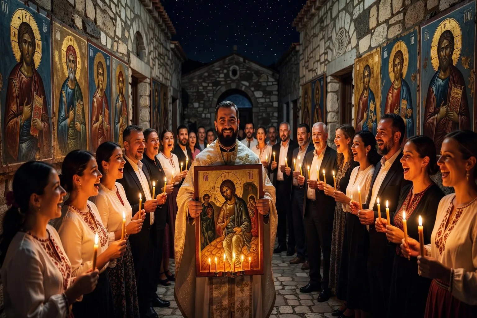 Procession nocturne de la liturgie pascale dans une église grecque avec icone de la Resurrection