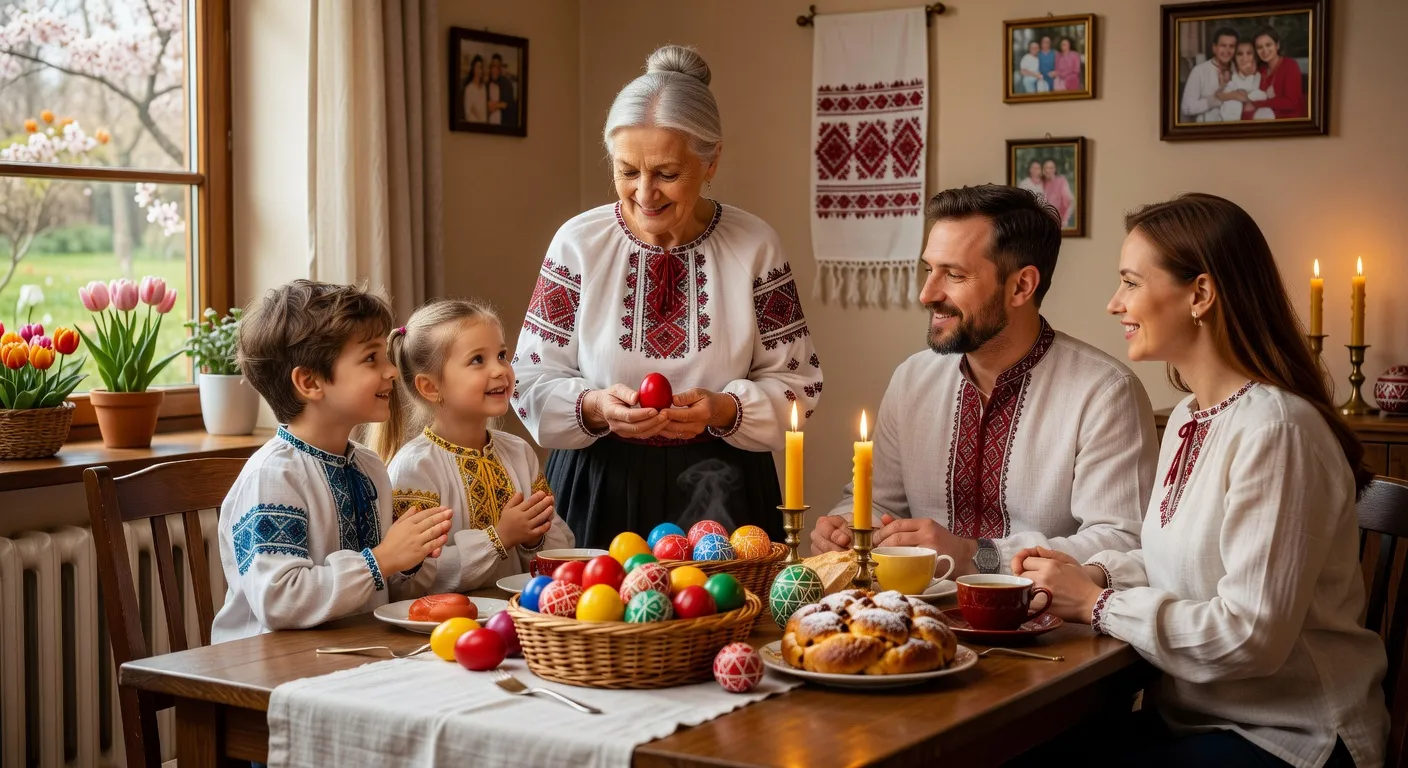 Celebration contemporaine de Paques en Ukraine avec drapeaux ukrainiens et cierges pascaux