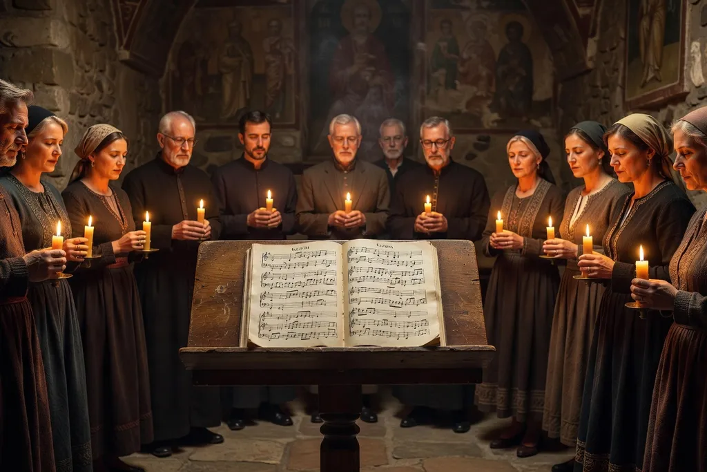 Chœur de paroisse orthodoxe en France, chanteurs devant un pupitre, visages recueillis, atmosphère intime