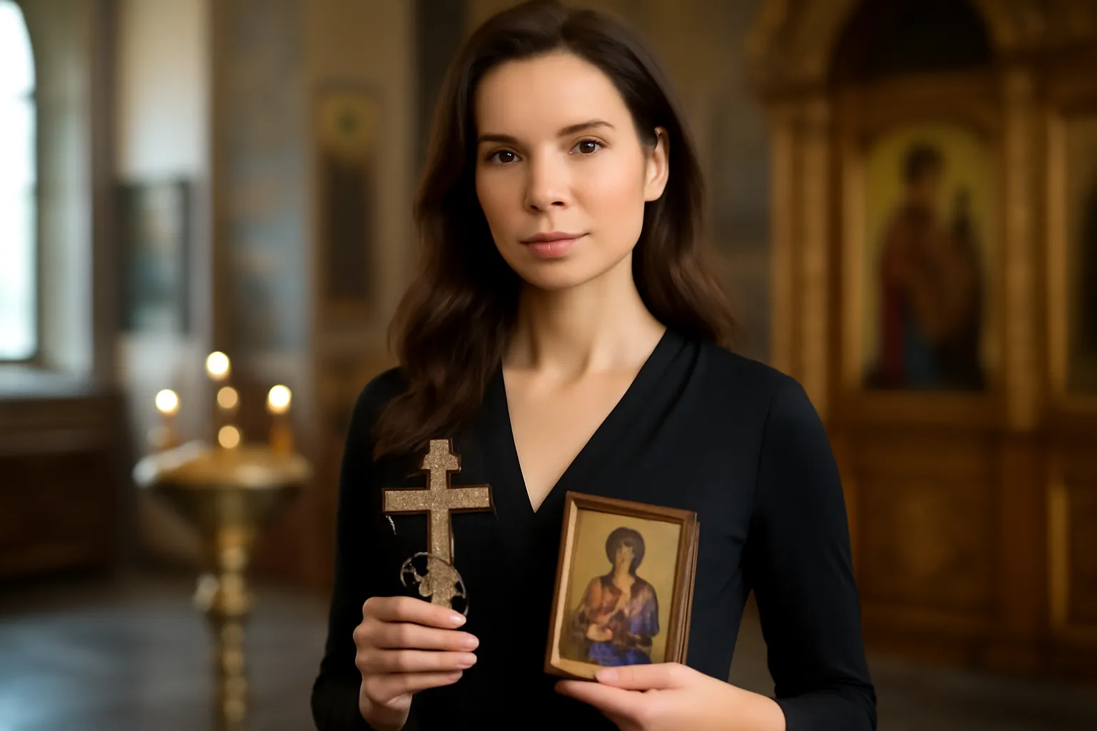 Parrain orthodoxe tenant une croix pectorale et une icône lors de la préparation d'un baptême