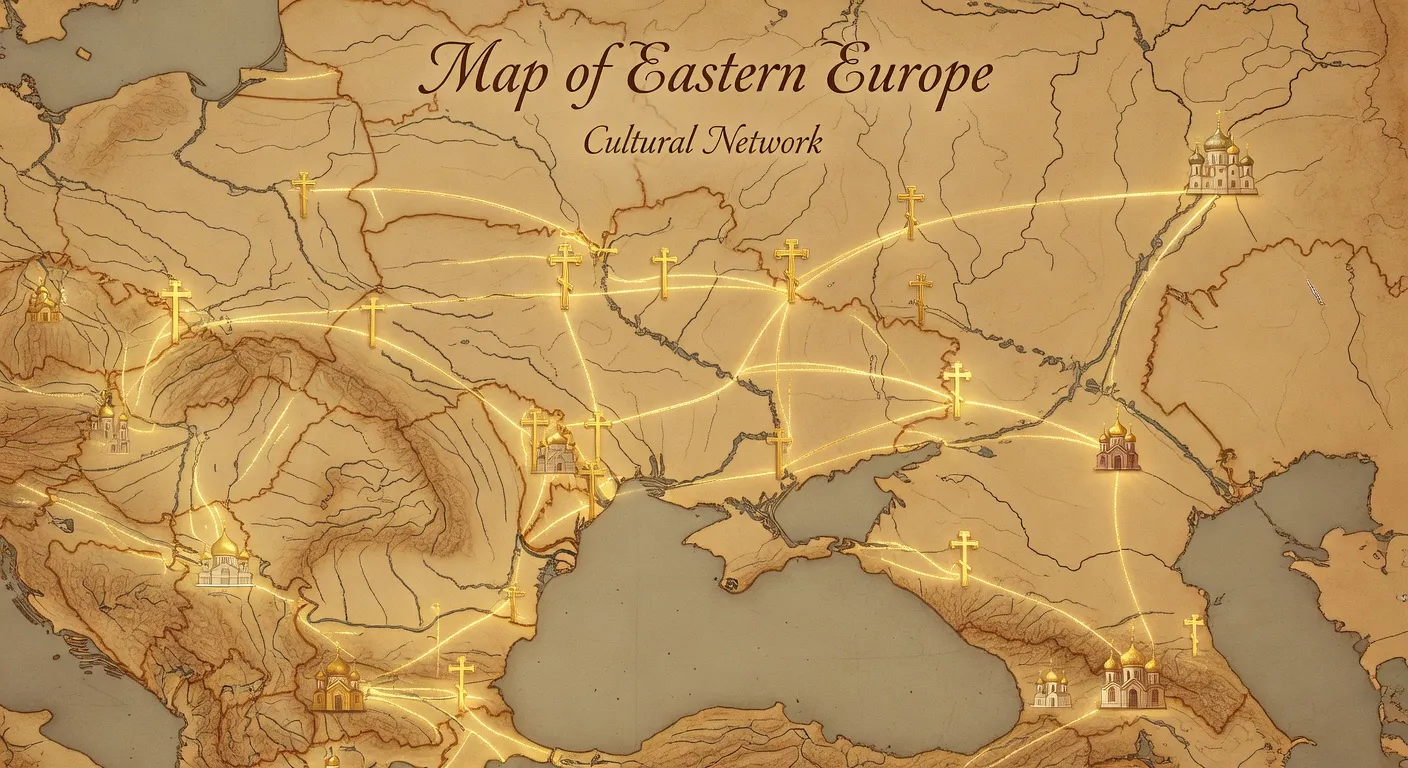 Carte de l'Europe de l'Est avec des eglises orthodoxes et des itineraires de voyage