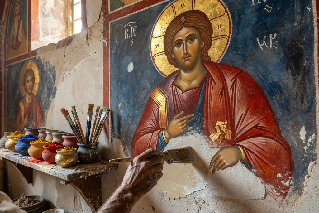 Moine iconographe peignant une fresque murale orthodoxe sur un échafaudage, pinceaux et pigments naturels dans un atelier en Bourgogne
