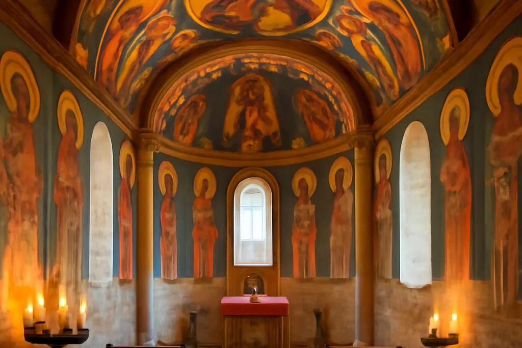 Détail de fresque murale orthodoxe achevée dans une coupole, style byzantin, couleurs terre et or