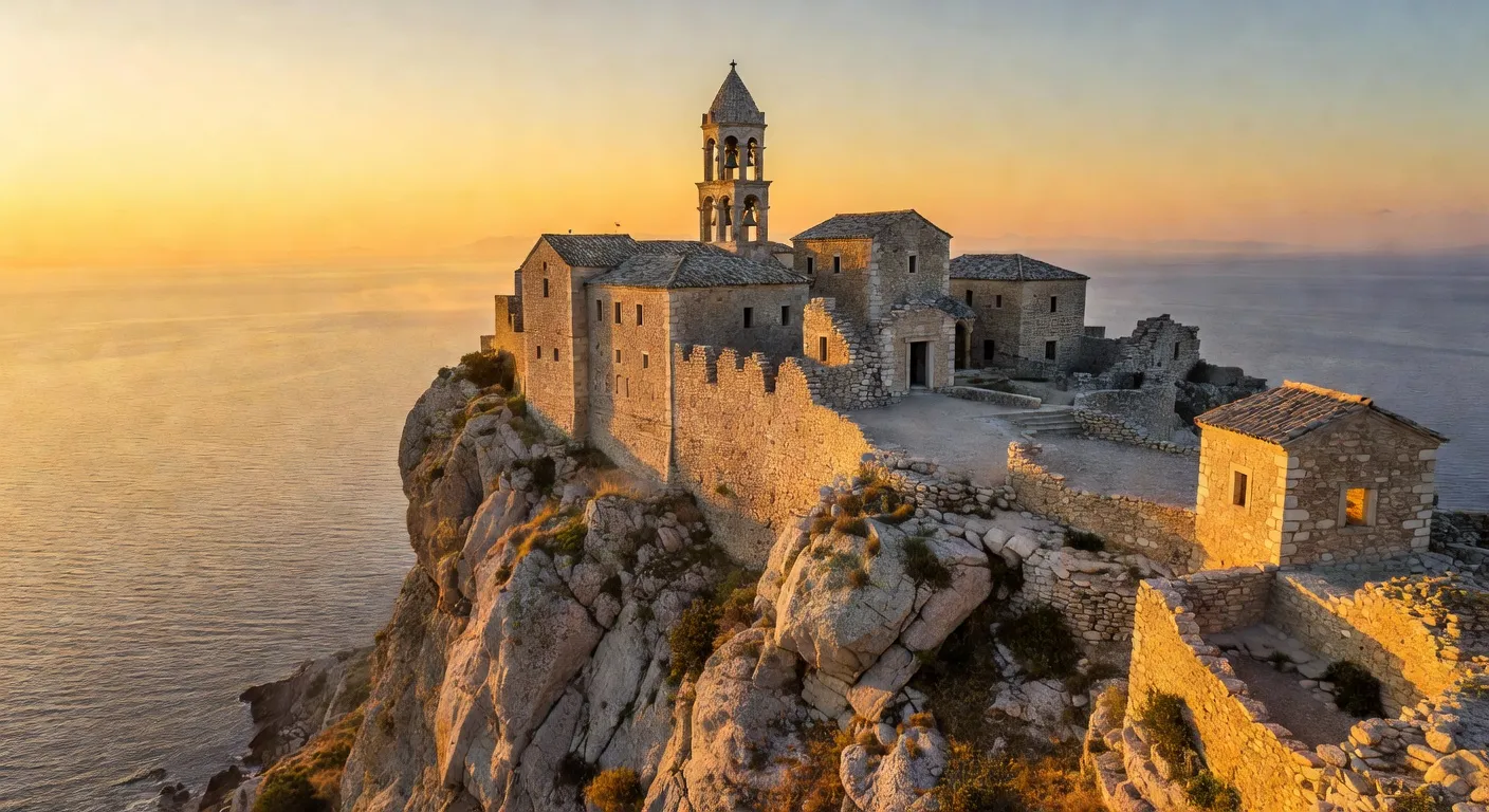 Sentier de randonnee a travers la foret athonite avec vue sur la mer Egee et un monastere au loin