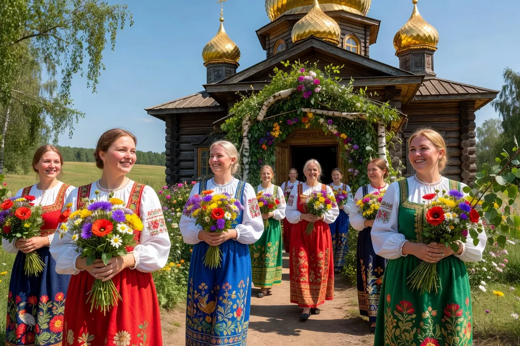 Femmes russes apportant des bouquets de fleurs des champs à l'église pour la Troïtsa
